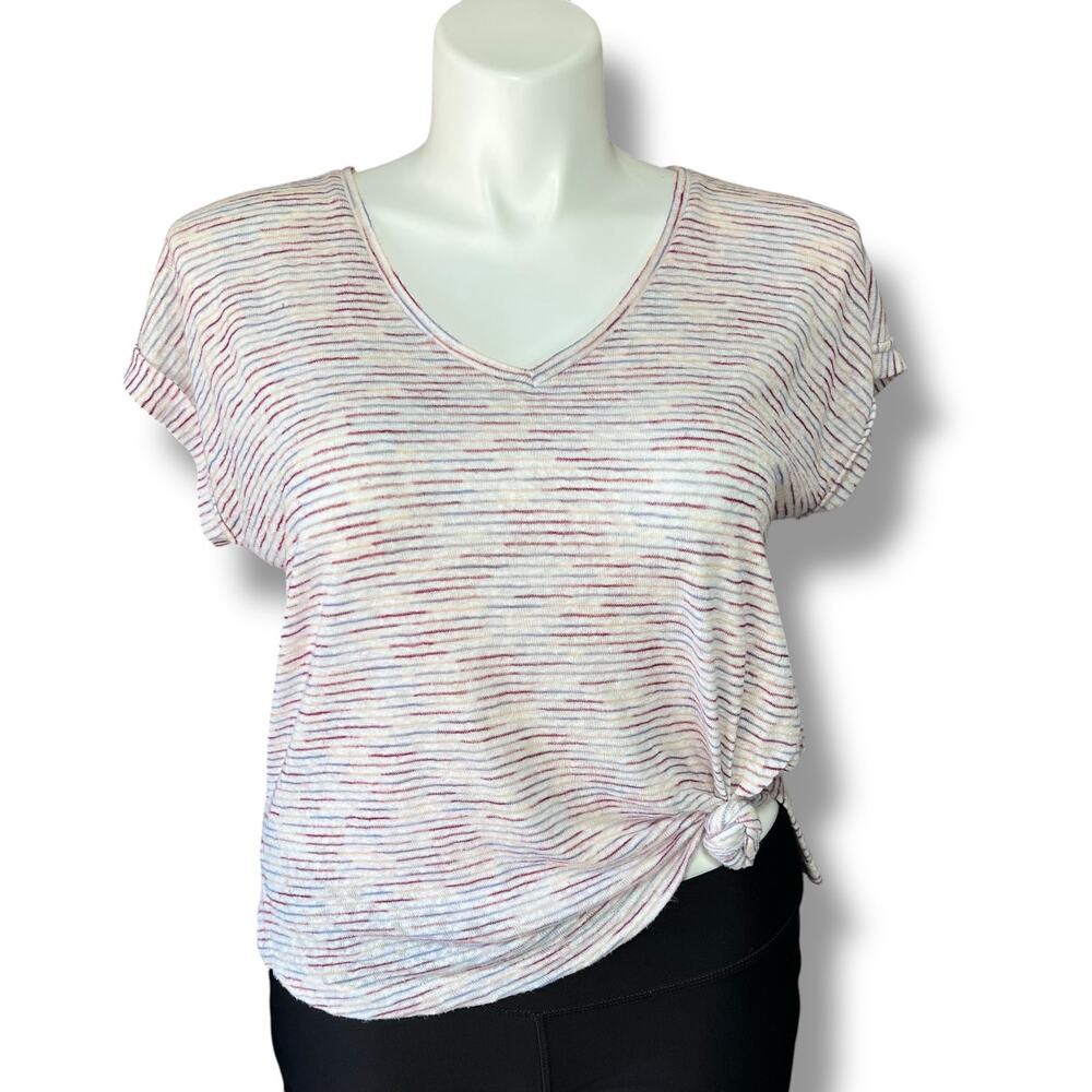 Bobeau Womens V Neck Knit Tee Pink Space Dye Short Sleeve Lightweight Large